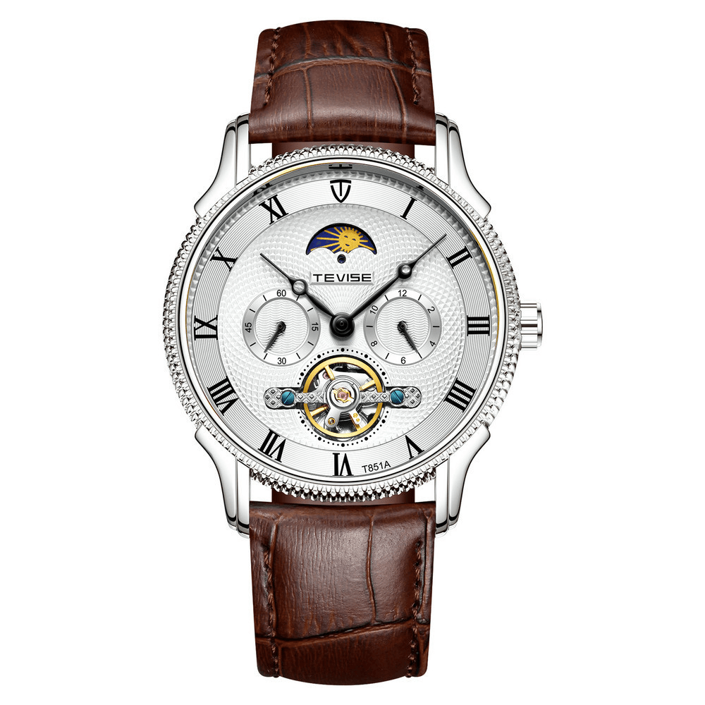 TEVISE T851A Moon Phase Automatic Mechanical Watch Roman Number Leather Band Men Watch - Trendha