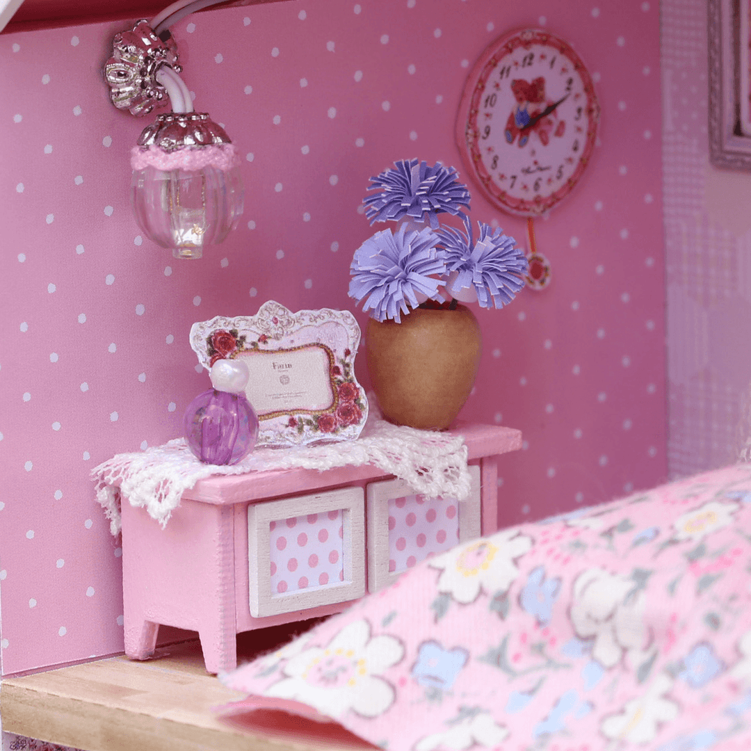 Cuteroom 1/24 DIY Wooden Dollhouse Pink Cherry Handmade Decorations Model with LED Light&Music Birthday - Trendha