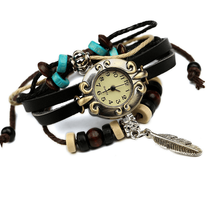 Retro Style Vintage Cowhide Multi-Layer Quartz Watch Weave Feather Pendant Leather Bracelet Watch - Trendha