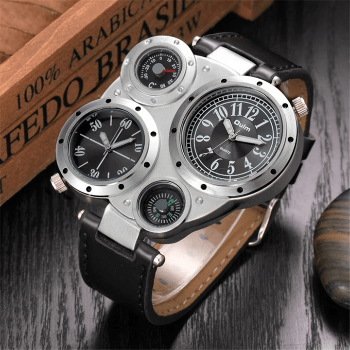 Oulm 3 Colors Leather Alloy Men Vintage Watch Decorated Pointer Two Time Zone Compass Thermometer Quartz Watch - Trendha