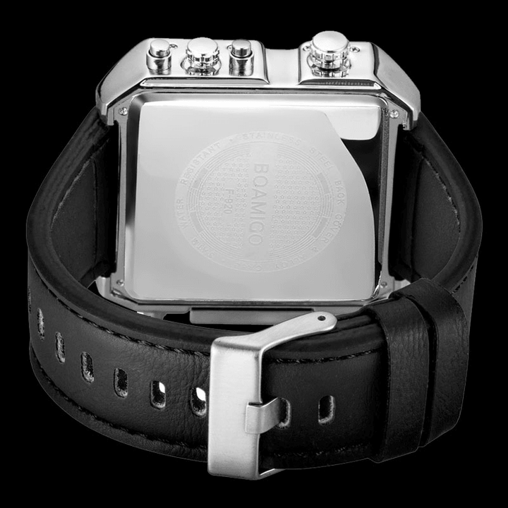 BOAMIGO F920 3 Time Zones Military Style LED Dual Display Watch Leather Band Sport Men Quartz Watch - Trendha