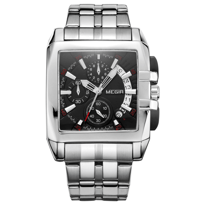 MEGIR Business Fashion Square Pattern Dial with Calendar Stainless Steel Strap Men Wristwatch Quartz Watch - Trendha