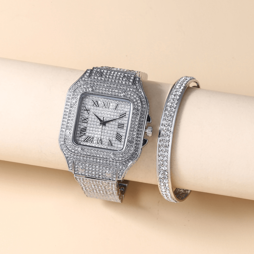Fashion Alloy Business 2 PCS Square Full Diamond Steel Band Quartz Watch Bracelet Set - Trendha