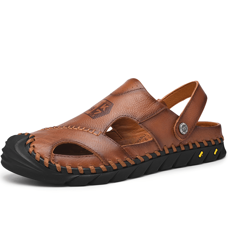 Men Anti-Collision Toe Cow Leather Hand Stitching Outdoor Water Sandals - Trendha