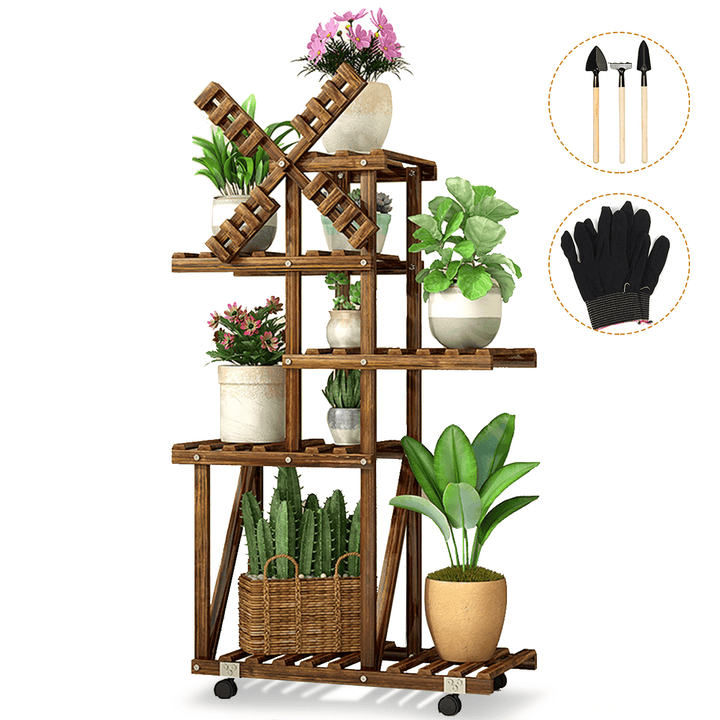 5 Layers Plant Stand Windmill Flower Pot Shelves Indoor Outdoor Garden Planter Shelf Storage Rack with Wheels - Trendha