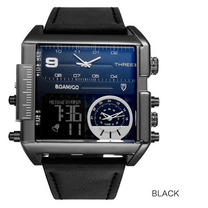 BOAMIGO F920 3 Time Zones Military Style LED Dual Display Watch Leather Band Sport Men Quartz Watch - Trendha