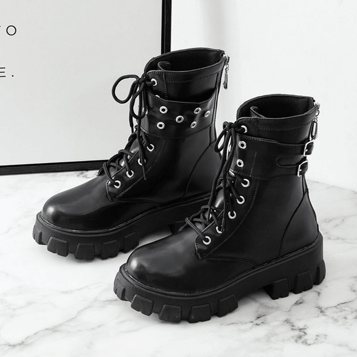 Women Casual Buckle Decor Lace up Thick Sole Combat Boots - Trendha