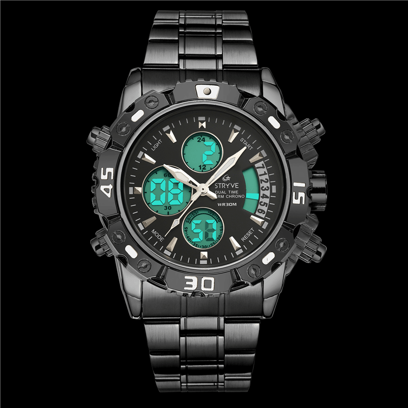 STRYVE S8018 Men Full Steel Waterproof Date Week Chrono Alarm Clock Dual Display Digital Watch - Trendha