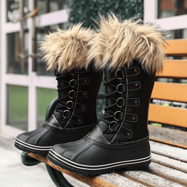 Women Solid Furry Warm Slip Resistant Cross Strap Mid Calf Snow Boots - Trendha