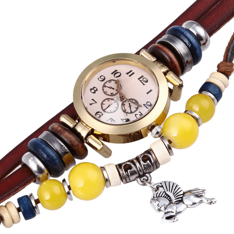 Retro Style Vintage Quartz Watch Decorated Pointer Four Leaf Clover Pendant Beaded Multi-Layer Bracelet Watch - Trendha