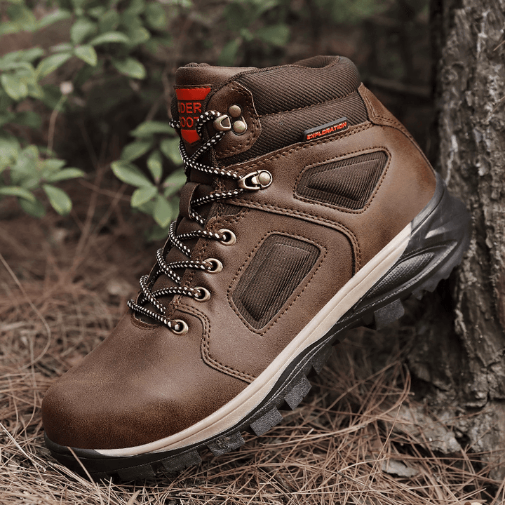 Men Outdoor Waterproof Slip Resistant Leather Hiking Boots - Trendha