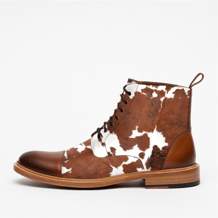 Men Cow Spot Printed Cap Toe Comfy Ankle Jack Boots - Trendha