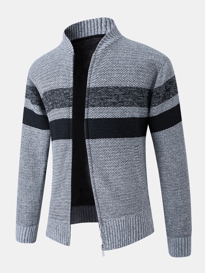 Mens Patchwork Zip Front Rib-Knit Plush Lined Cotton Cardigans with Pocket - Trendha