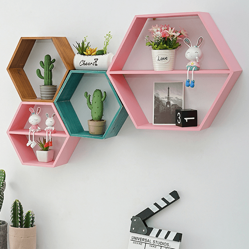 Hexagon Wall Mounted Shelf Rack Decorative Frame Wall Punch-Free Bookshelf Decorations Display Stand Organizer for Office Home Living Room Bathroom - Trendha