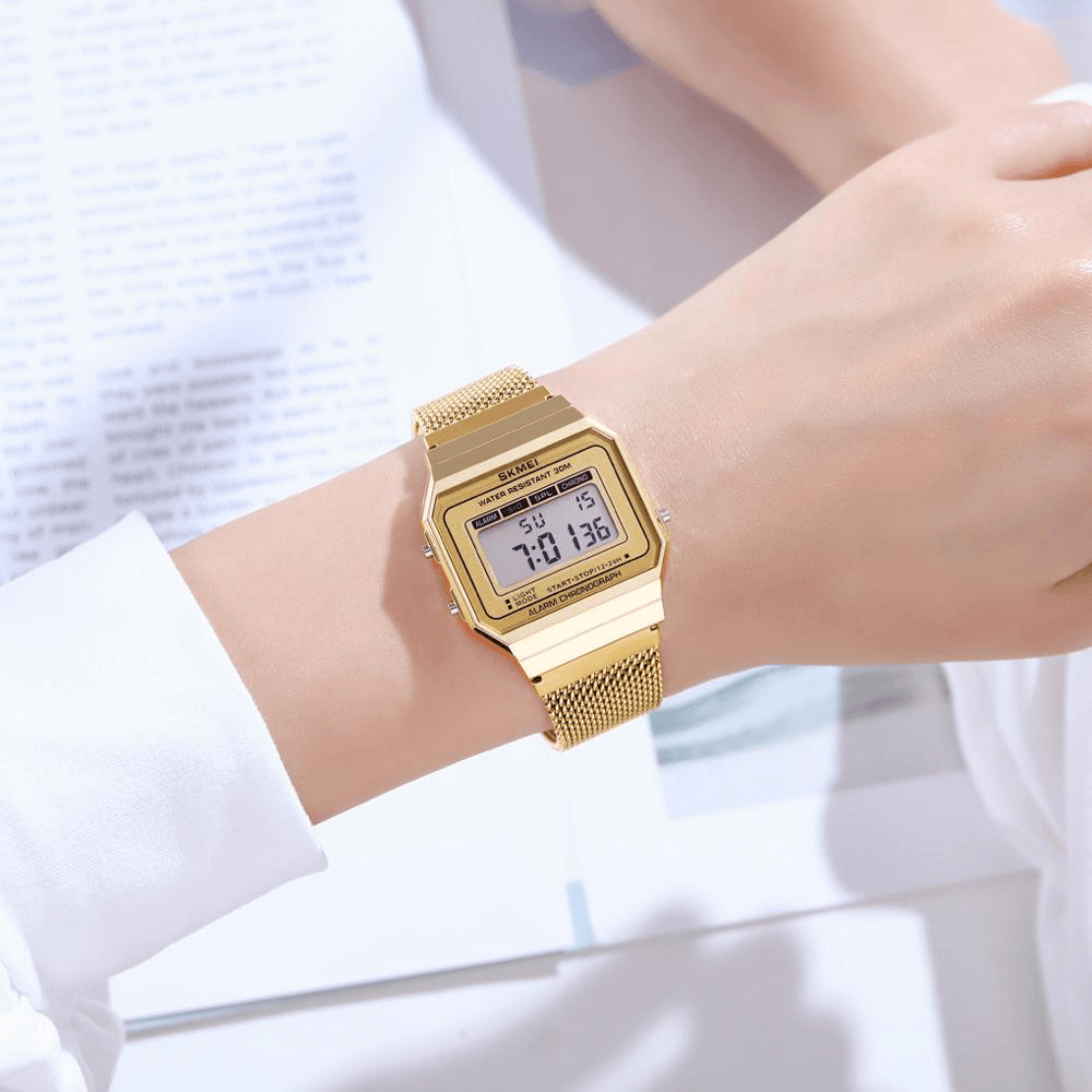 SKMEI 1639 Fashion Men Watch Date Week Display Stopwatch Waterproof LED Light Business Mesh Belt Digital Watch - Trendha