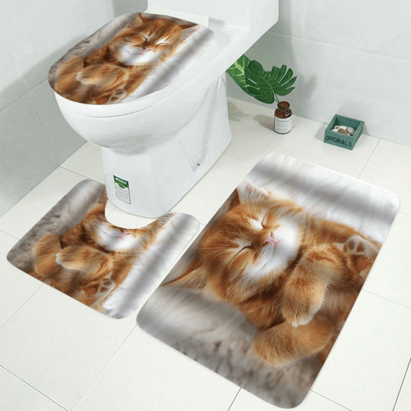 Cat Printing Waterproof Bathroom Shower Curtain Toilet Cover Mat Set - Trendha