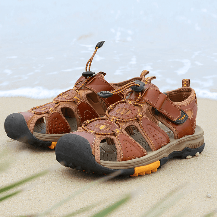 Men Cowhide Leather Non Slip Closed Toe Beach Casual Outdoor Sandals - Trendha