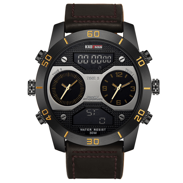 KADEMAN 158 Fashion Men Digital Watch Luminous Date Month Display Leather Strap LCD Dual Display Watch - Trendha