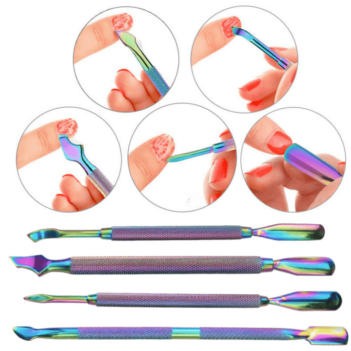Nail Art Pusher Remover Cuticle Tool Kit Set Rainbow Dual-Ended Stainless Steel - Trendha