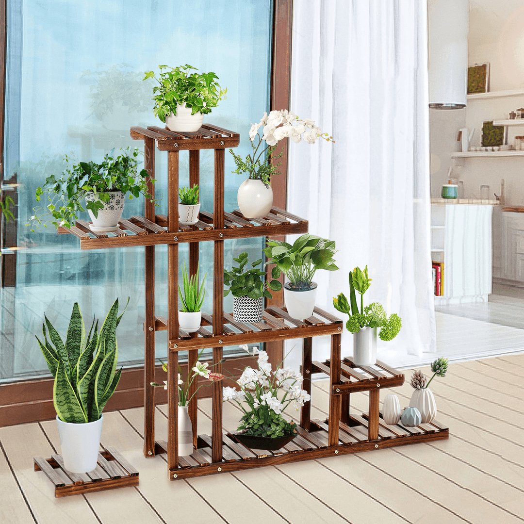TOOCA Wood Plant Stand Indoor/Outdoor Plant Flower Pot Stand Multiple Tier Plant Display Rack Holder Steady Vertical Carbonized Shelves for Patio Livingroom Balcony Garden Yard - Trendha