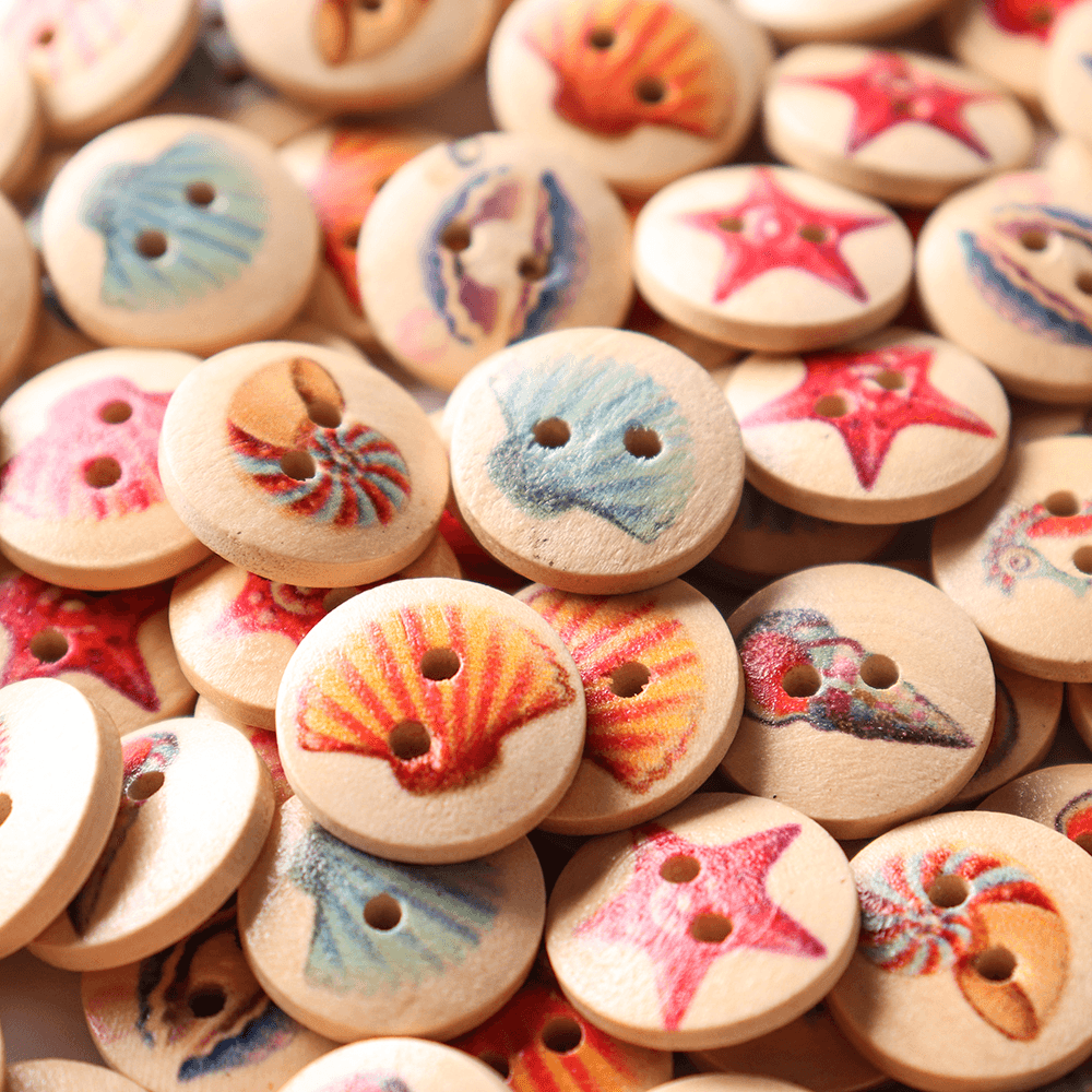 100 PCS Ocean round Pattern Wooden Button Mixed 2 Hole Natural Sewing Handmade Clothes Buttons - Trendha