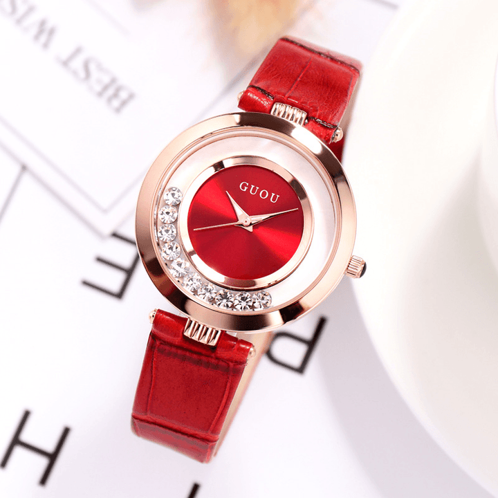 GUOU 8039 Women's Full Steel Glitter Diamond Watch: Fashionable Light Luxury Leather Strap Quartz Watch - Trendha