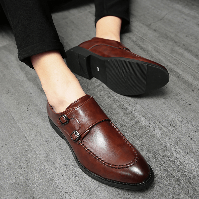 Men Urban Type Stitching Metal Buckle Comfy Slip on Formal Business Casual Shoes - Trendha