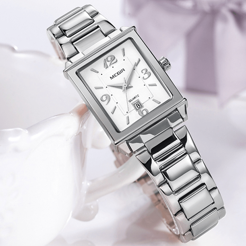 MEGIR Retro Fashion Square Pattern Dial Stainless Steel Strap Women Wristwatch Quartz Watch - Trendha