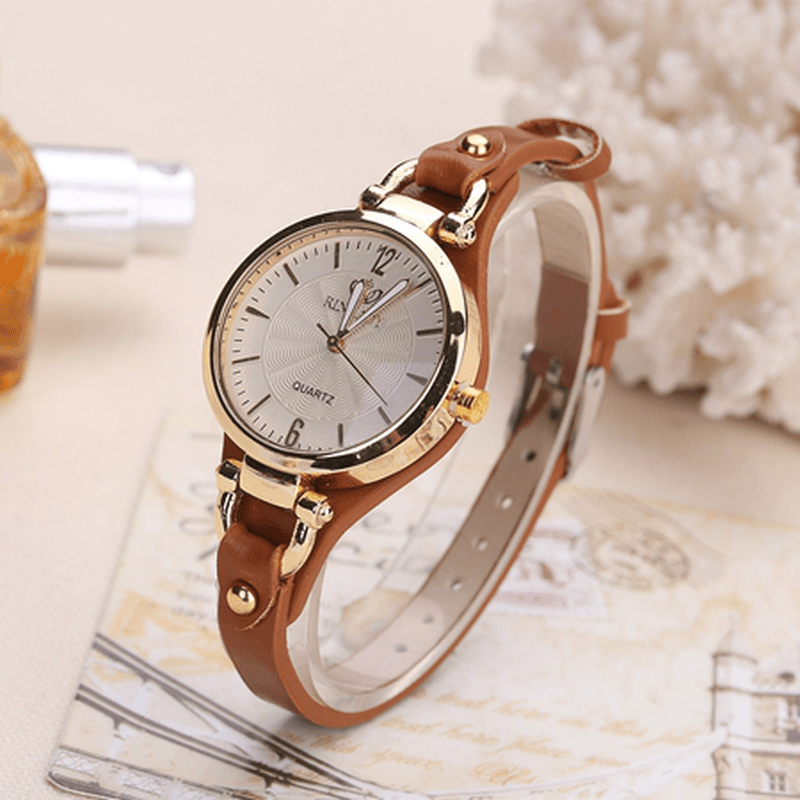 Deffrun Casual Style Colorful Gold Case Ladies Wrist Watch PU Leather Quartz Watches - Trendha