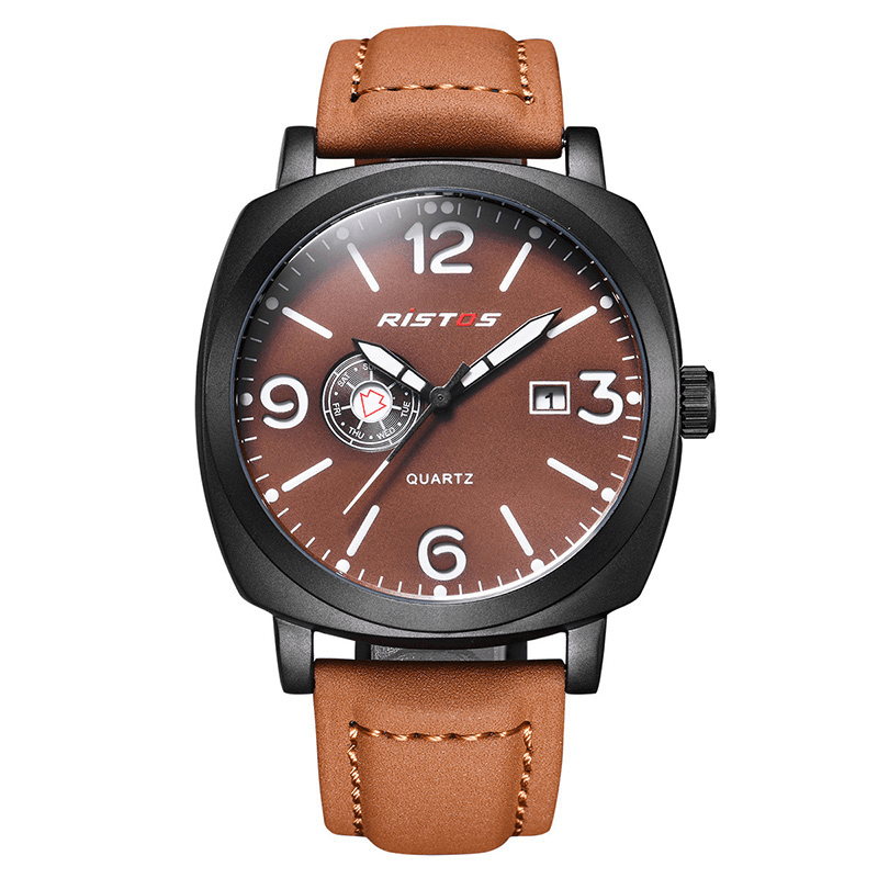 Ristos 9336 Business Style Male Wristwatch Calendar Leather Band Quartz Watch - Trendha
