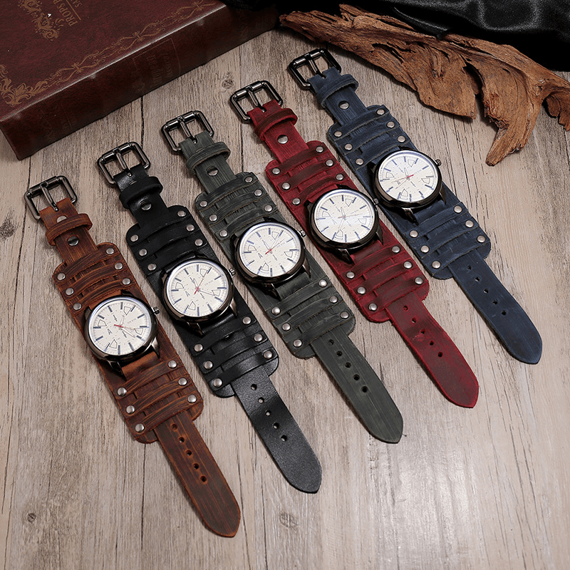 Vintage Cow Leather Military Style Watch Adjustable Band Men Quartz Watch - Trendha