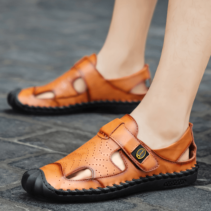 Men Cowhide Closed Toe Breathable Soft Casual Sandals - Trendha