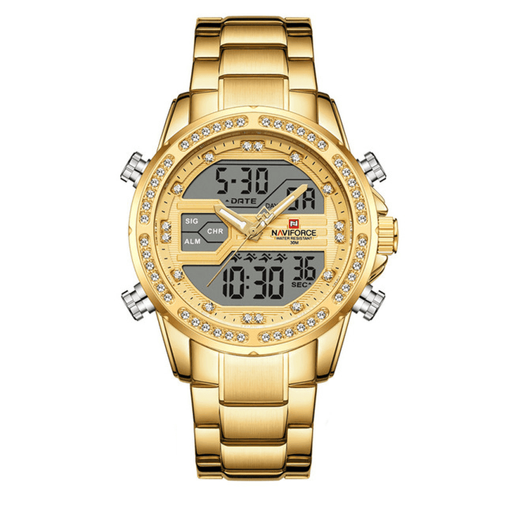NAVIFORCE 9190 Crystal Full Steel Band Dual Display Watch Calendar Alarm Men Wrist Watch - Trendha