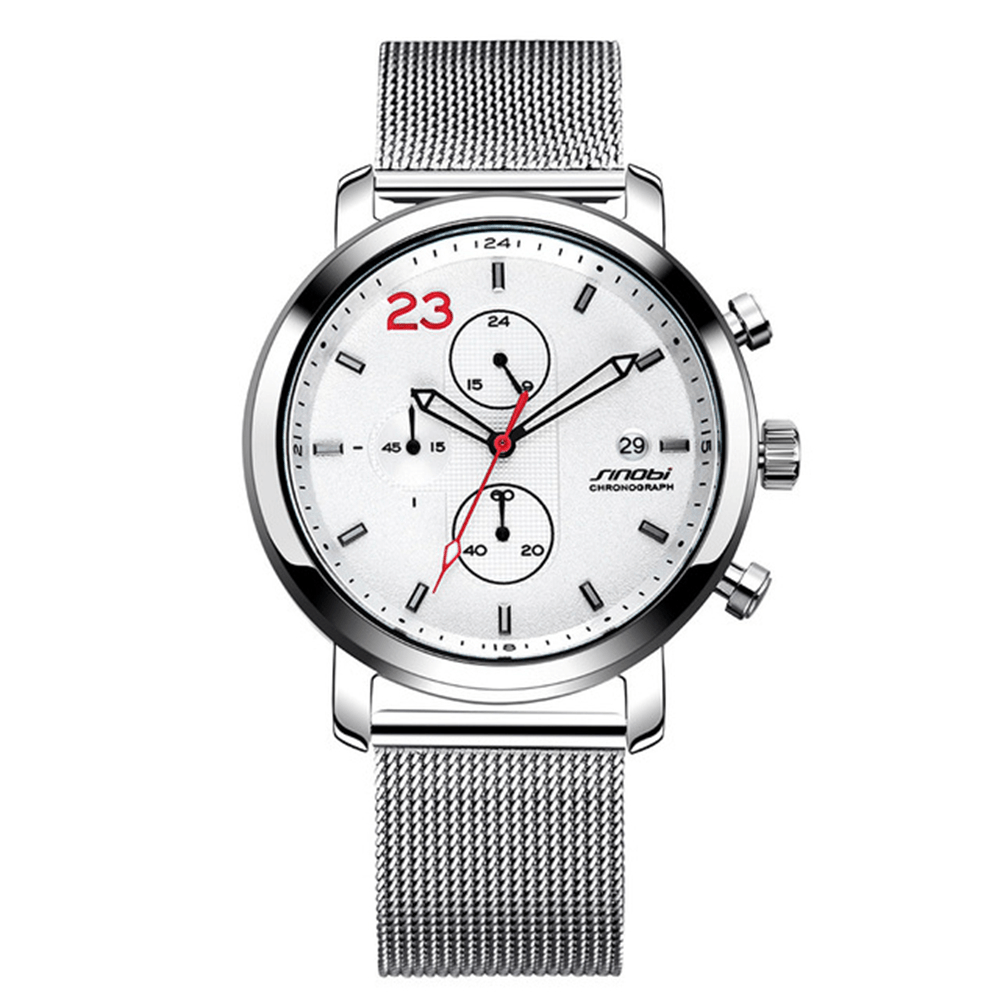 SINOBI 9765 Chronograph Casual Style Men Wrist Watch Mesh Steel Strap Quartz Watches - Trendha