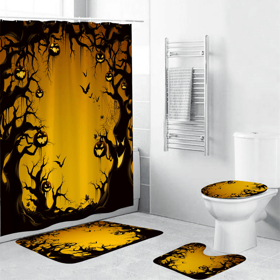 Halloween Series Decorative Toys Bathroom Toilet Cover+Non-Slip Pedestal Rug+Bath Mat / Waterproof Shower Curtain Halloween Style - Trendha