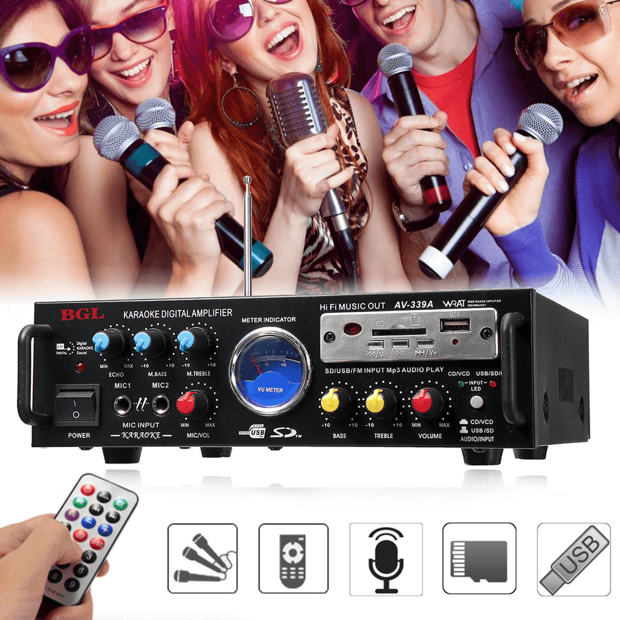 HIFI Input 12V/220V Bluetooth 5.1 Channel Stereo Power Amplifier Audio Amp Sunbuck Support USB SD Card FM Karaoke Microphone Mic - Trendha