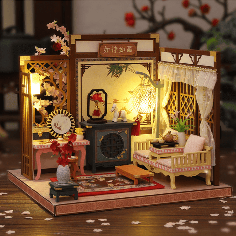 DIY Creative Chinese Style Retro Architectural Model Wooden Doll House Miniature Landscape Home Creative Gifts with Dust Cover and Furniture - Trendha