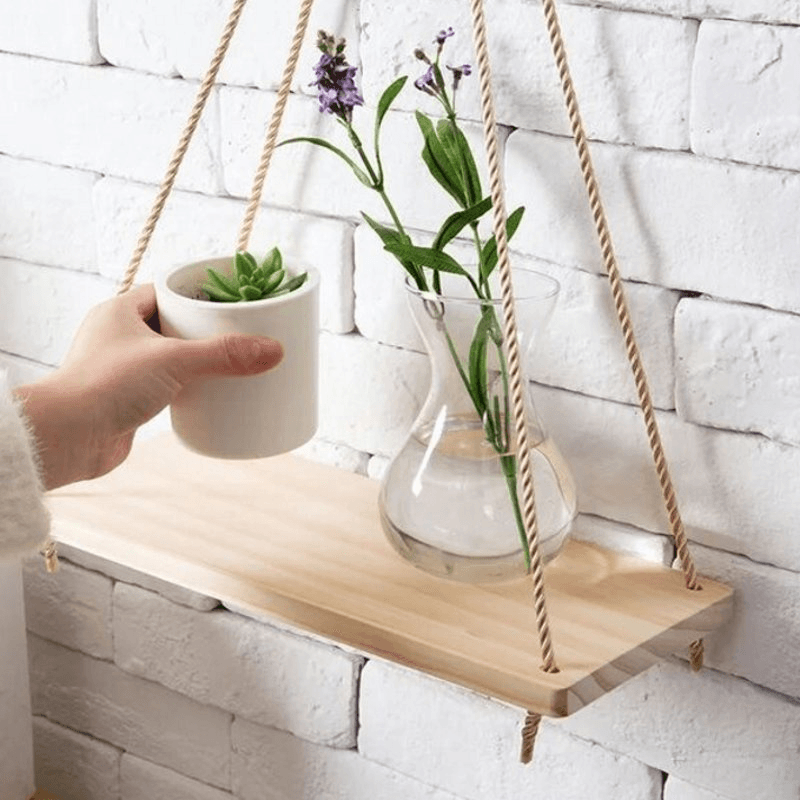 35Cm/45Cm Single Layer Wooden Rope Hanging Wall Shelf Vintage Floating Storage Rack Wall Mount Bookshelf Home Decorations Stand - Trendha