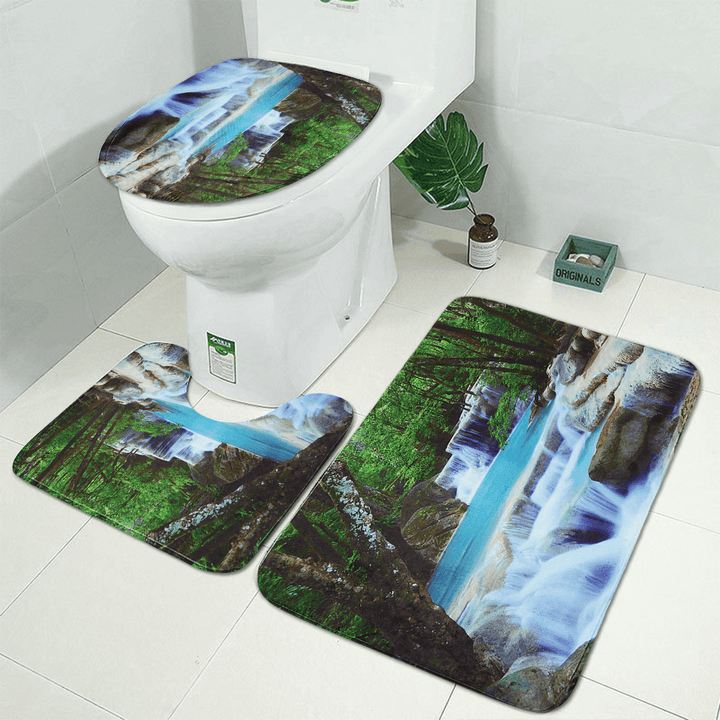 3D Bathroom Shower Curtain Waterfall Non-Slip Mat Set Lid Toilet Cover Rug Bath - Trendha