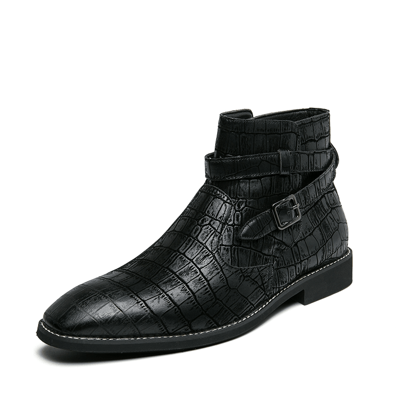 Men Fashion Comfy Embossed Leather Metal Buckle Strap Ankle Boots - Trendha