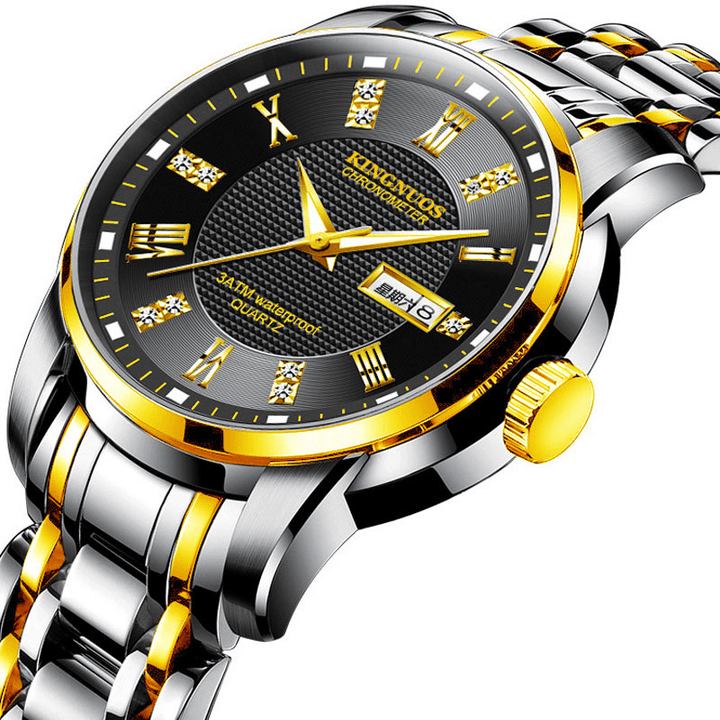 KINGNUOS K-1683 Fashion Men Watch Date Week Display Stainless Steel Strap Business Quartz Watch - Trendha