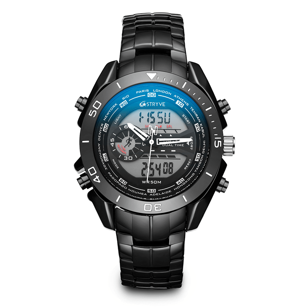 STRYVE S8019 Men Luminoud Display Alarm Clock Chronograph Sport Steel Strap Dual Display Digital Watch - Trendha