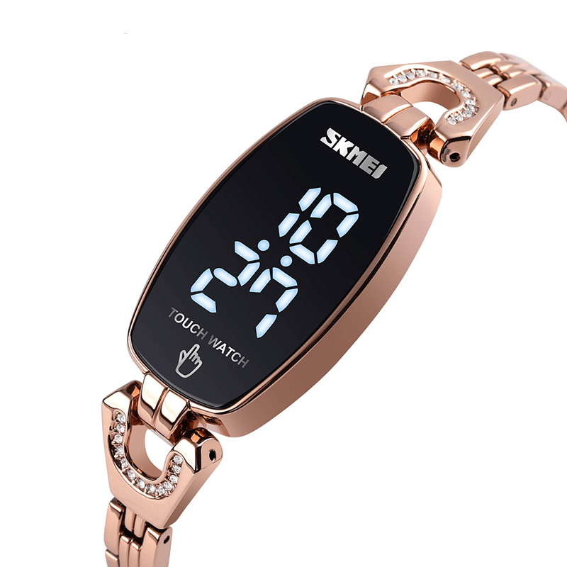 SKMEI 1588 Diamond Rectangle Dial Ladies Bracelet Watch Full Steel Touch Screen Digital Watch - Trendha