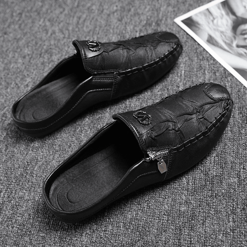 Men Leather Vintage Breathable Soft Bottom Closed Toe Comfy Casual Flat Slippers - Trendha