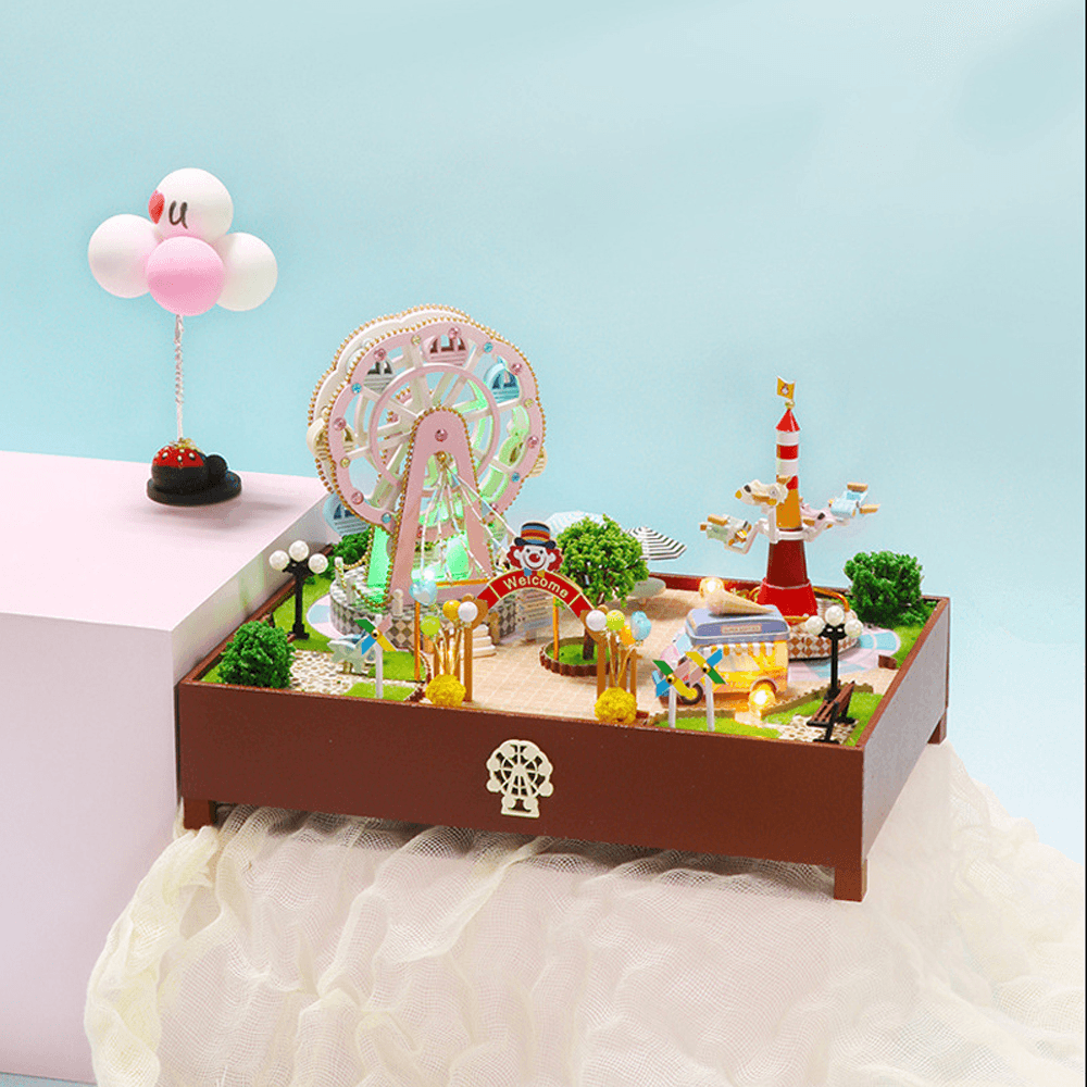Hongda S2131Z Ferris Wheel Amusement Park DIY 3D Hand-Assembled Doll House Miniature Furniture Kit with LED Lights Music Rotating Puzzle Toy for Gift Collection House Decoration - Trendha