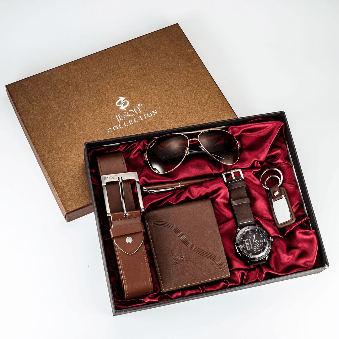 6PCS Fashion Gift Set Quartz Watch+Pen+Belt+Key Chain+Wallet +Sunglasses - Trendha