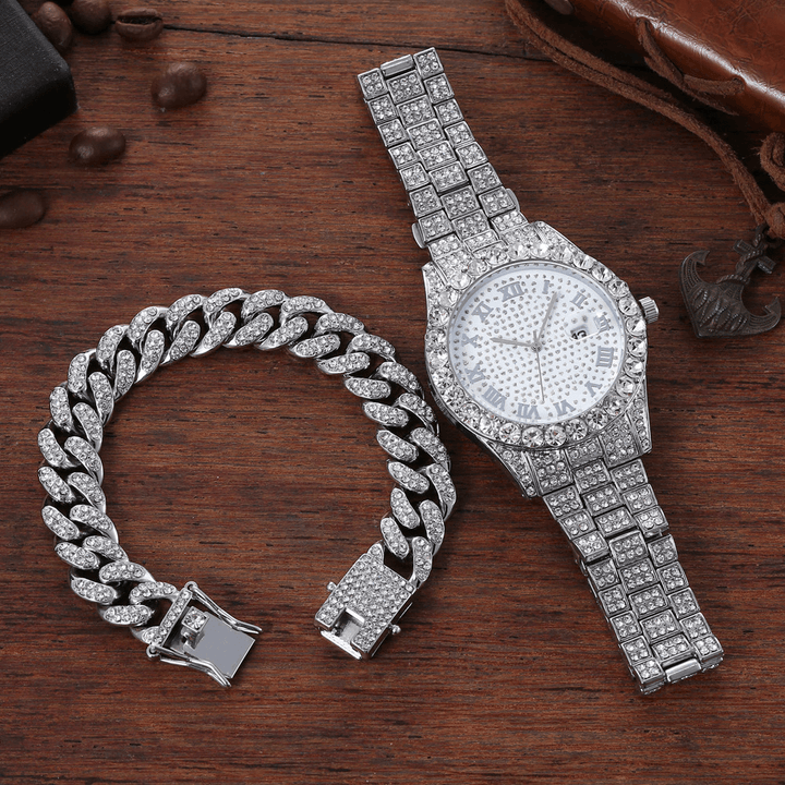 Alloy Hip Hop Luxury 2 PCS Hip-Hop Chain Full Diamond Watch Bracelet Lady Quartz Watch - Trendha