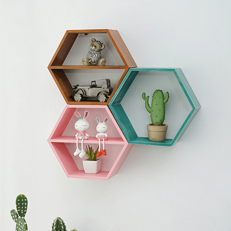Hexagon Wall Mounted Shelf Rack Decorative Frame Wall Punch-Free Bookshelf Decorations Display Stand Organizer for Office Home Living Room Bathroom - Trendha