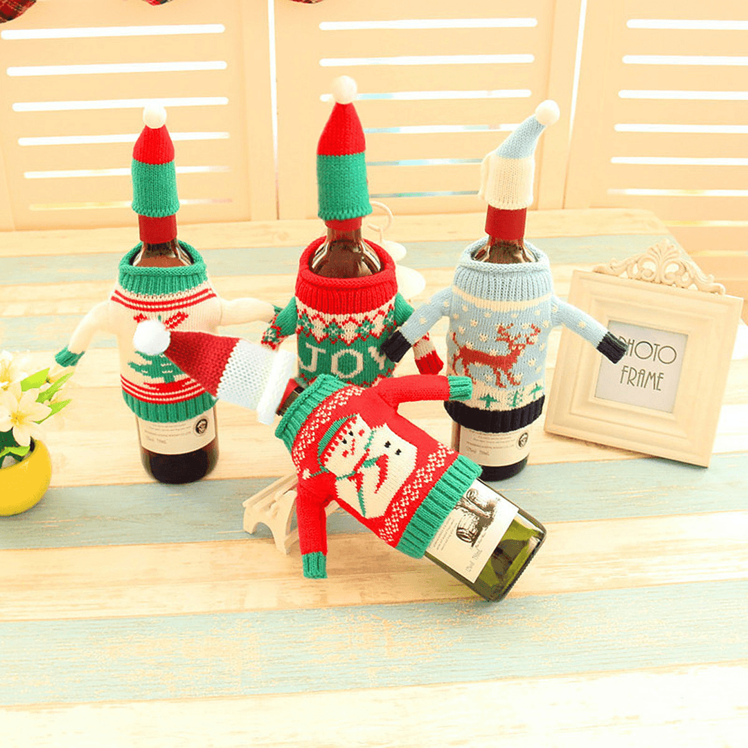 Christmas Knitted Sweater Lid Hat Wine Bottle Cover Wrap Bag Xmas Decoration - Trendha