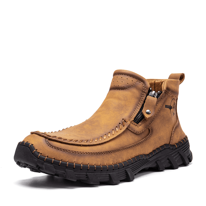 Men Outdoor Hand Stitching Non Slip Soft Sole Side Zipper Ankle Boots - Trendha